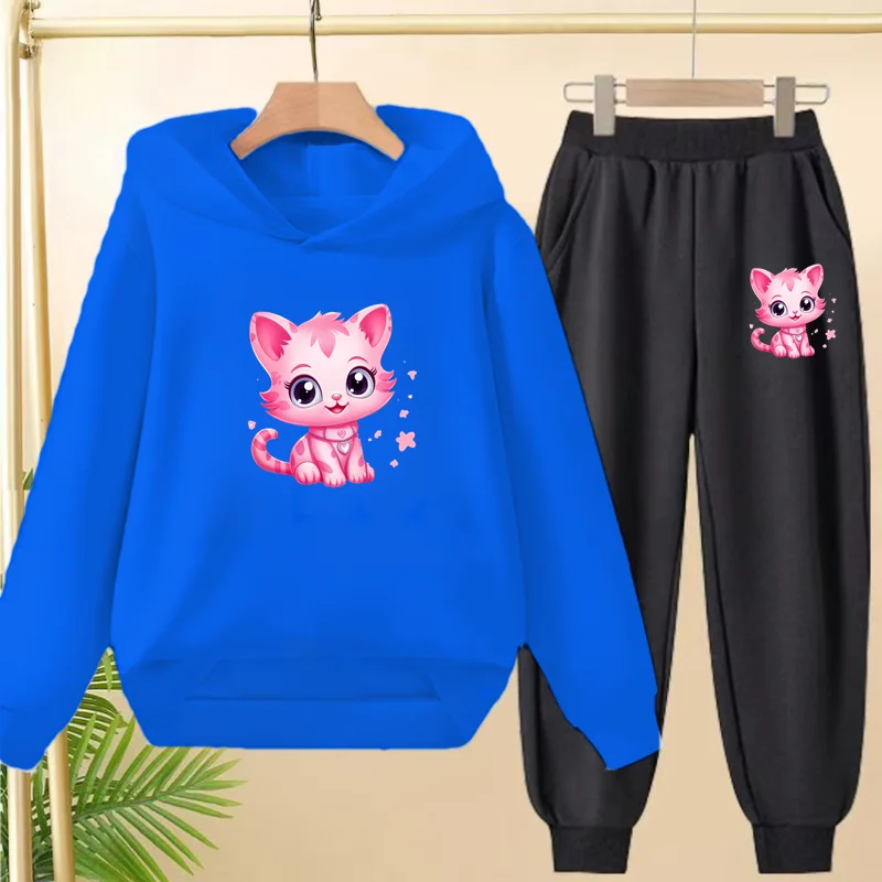 ملابس الأطفال ملابس خارجية الفتيات هوديي أسود + السراويل سن 3-12 الأولاد أنيمي القط طباعة مقنعين الخريف البلوز مجموعة ساحرة