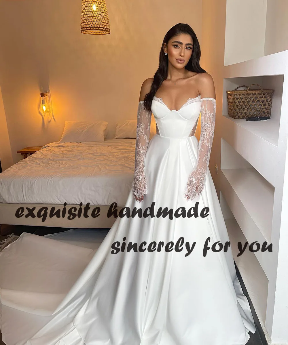 White Satin A Line Wedding Dresses Lace 3/4 Sleeve Sweetheart Bride Dress Long Beach Boho Bridal Gowns Custom Made