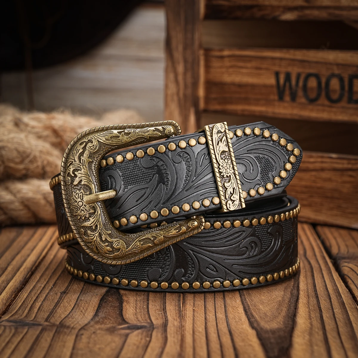 Men & Women-Western-Cowboy-PU Leather-Belts - Vintage horse Belt Floral Engraved Buckle Belt for Jeans