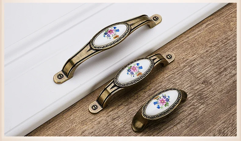 Antique Bronze Ceramic Cabinet Handles Zinc Alloy Drawer Knobs Wardrobe Door Handles Morning Glory European Furniture Handle