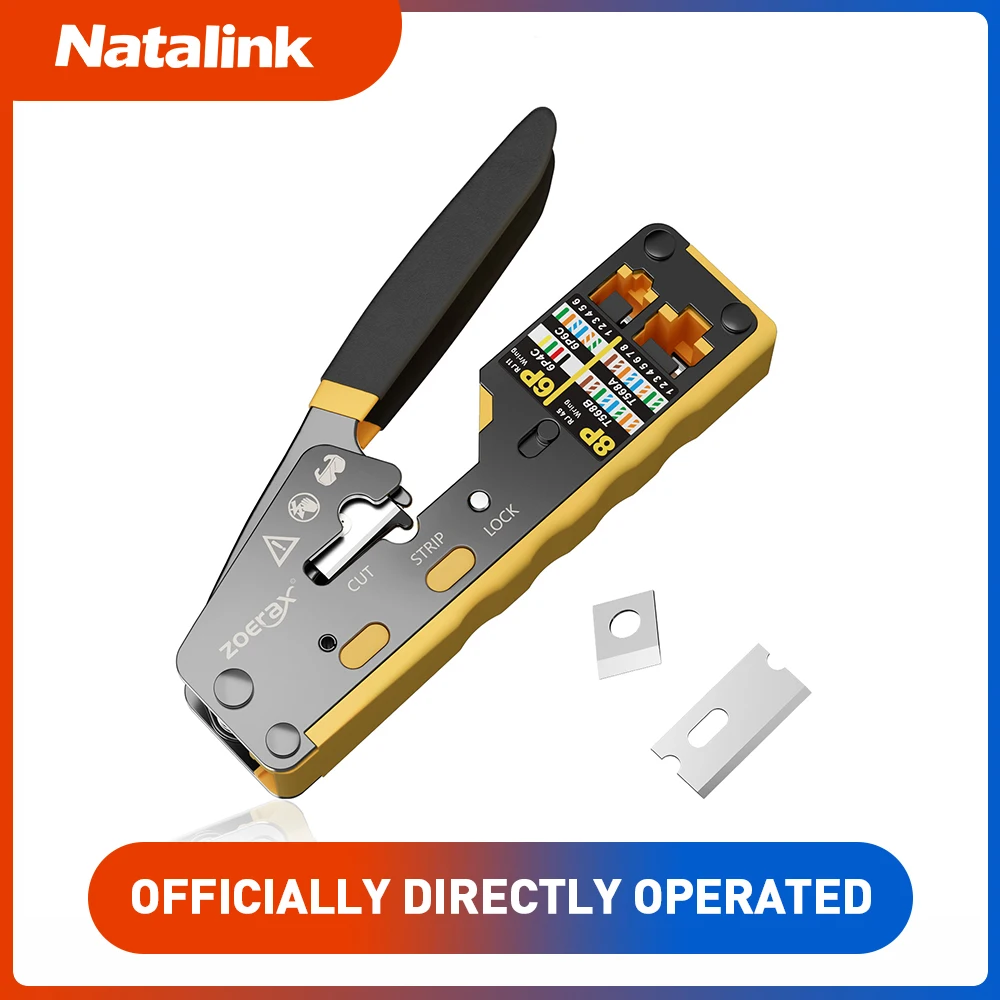 Natalink RJ45 Crimping Tool Pass Through Connectors with Cutting/Stripping/Crimping Cat5e/Cat6/Cat6a 23-26AWG Cable Wire Tool