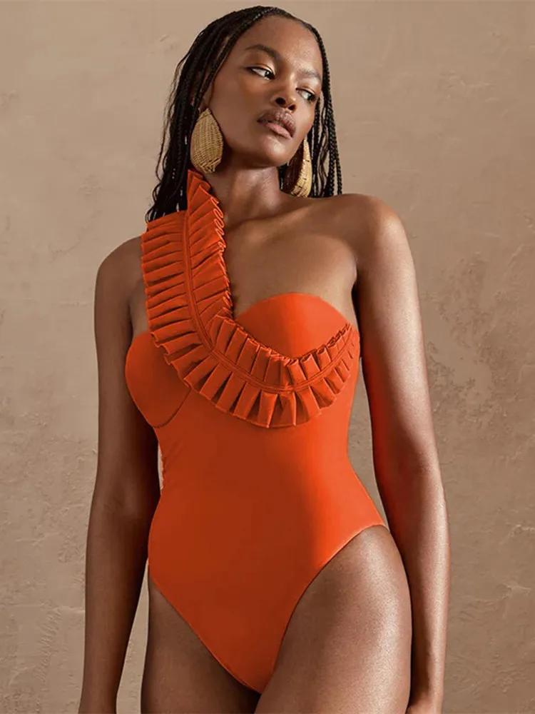 Sexy Bikini Swimwear Women 2024 Monokini One-Piece Swimsuit Female Solid Bathing Suit Vacation Beachwear Ruffle Swimming Suit