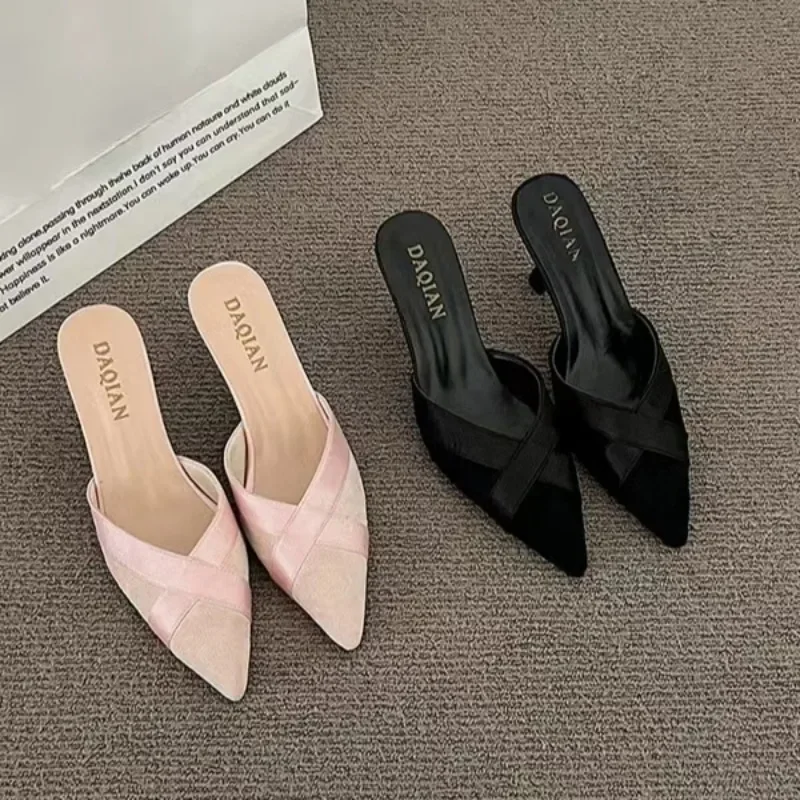 Fashion Sandals Women 2024 New French High Heels Pointed Toe Shallow Mouth Exposed Heel High-heeled Slippers