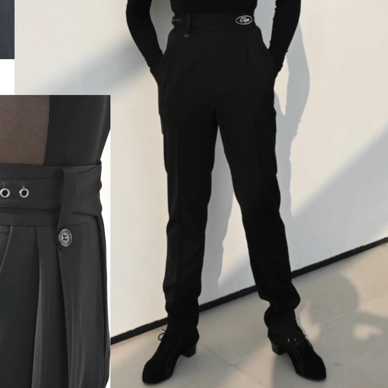 2025 Pantaloni da ballo latino per uomo Abiti da pratica neri a vita alta Pantaloni da ballo moderni Chacha Rumba per adulti Abbigliamento latino DQS15443