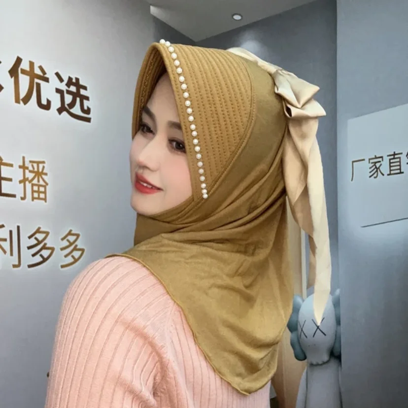 Muslim Sweet Cute Girls Big Bow Pearl Sponge Hat Hijab