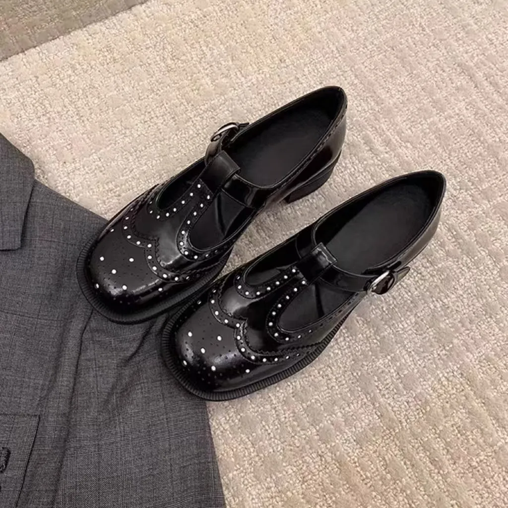 

NEW Spring/Autumn Women Pumps Square Toe Chunky Heel Shoes Split Leather Shoes for Women Buckle Strap Mary Janes Brogue Shoes