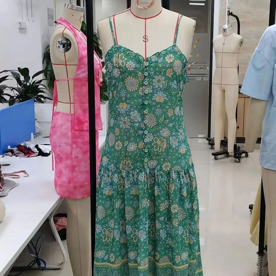 Women Spaghetti Strap Dress Boho Floral Print V-Neck Long Flowy Dress For Beach Vacation Summer Party Daily Wear Streetwear