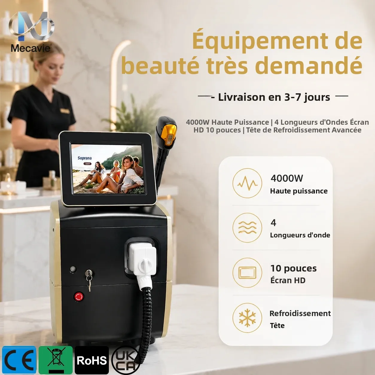 Appareil d'épilation au laser diode 808 nm 4000W Alexandrite 4 longueurs d'onde Ice Platinum, épilateur physique permanent indolore rapide, tête de refroidissement avec écran 10 pouces pour le visage, les aisselles, le maillot, les jambes, le corps entier, équipement de beauté professionnel pour femmes et hommes, usage domestique et en salon