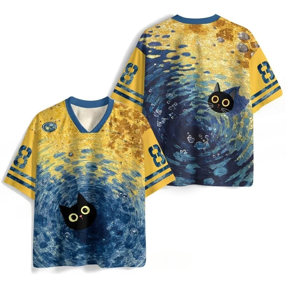 Children's Adult Starry Night Black Cat Oil Painting 3D Printed Jersey Style T-shirt, Artistic Cute Pet Style Breathable Top