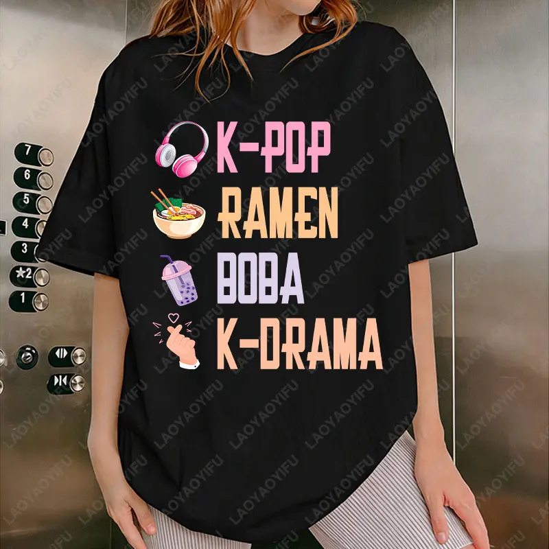 KPop Hand Symbol men women tops Ramen Bubble Tea Boba South Korea Music Lover cotton TShirt Gifts K drama Girl Boy Daughter tees