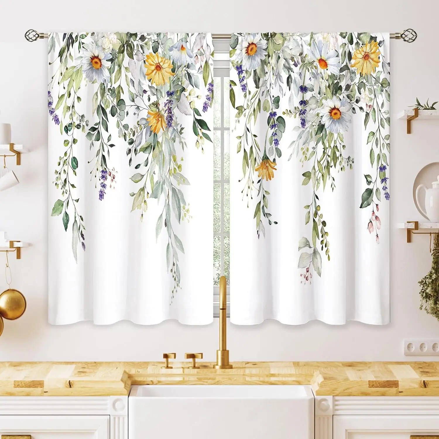 

Шторы "Ботанический каскад" – с изображением смешанных цветов и зеленых листьев на белом фоне, с карманом для карниза, для кухни или ванной комнаты (27,5x39 дюймов)