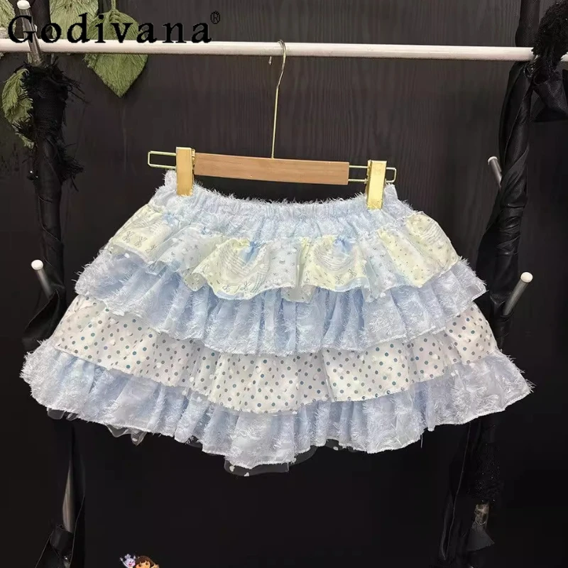 الأصلي الحلو الأزرق لوليتا تنورة المرأة الحب شبكة الدوبامين القوس رقيق كعكة تنورة السيدات عالية الخصر البولكا نقطة تنورة صغيرة