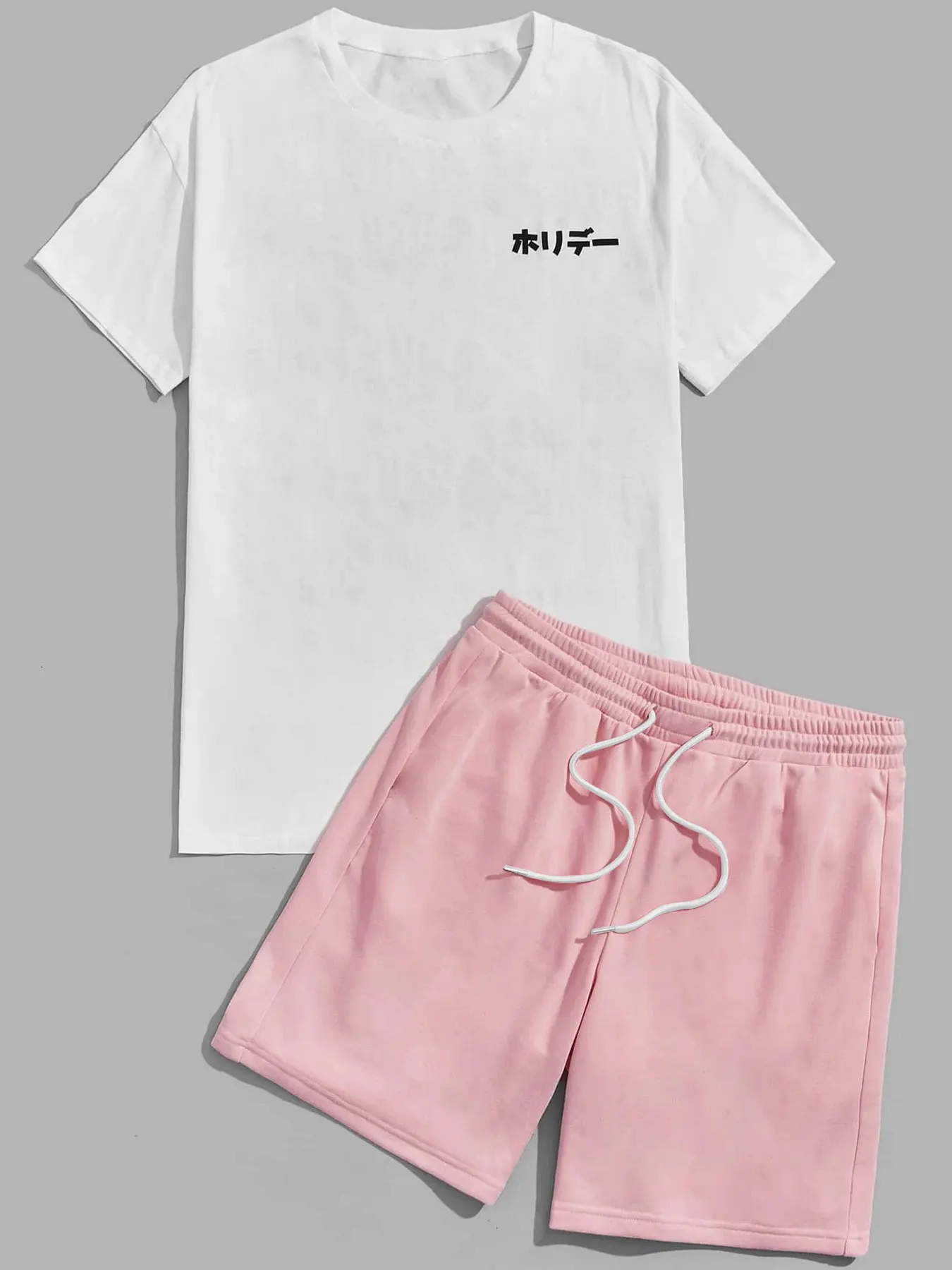 

Men's Summer Set Japanese Peach Print T-Shirt and 5 Inch Drawstring Pocket Shorts 2 Piece Soft Breathable for Home Casual