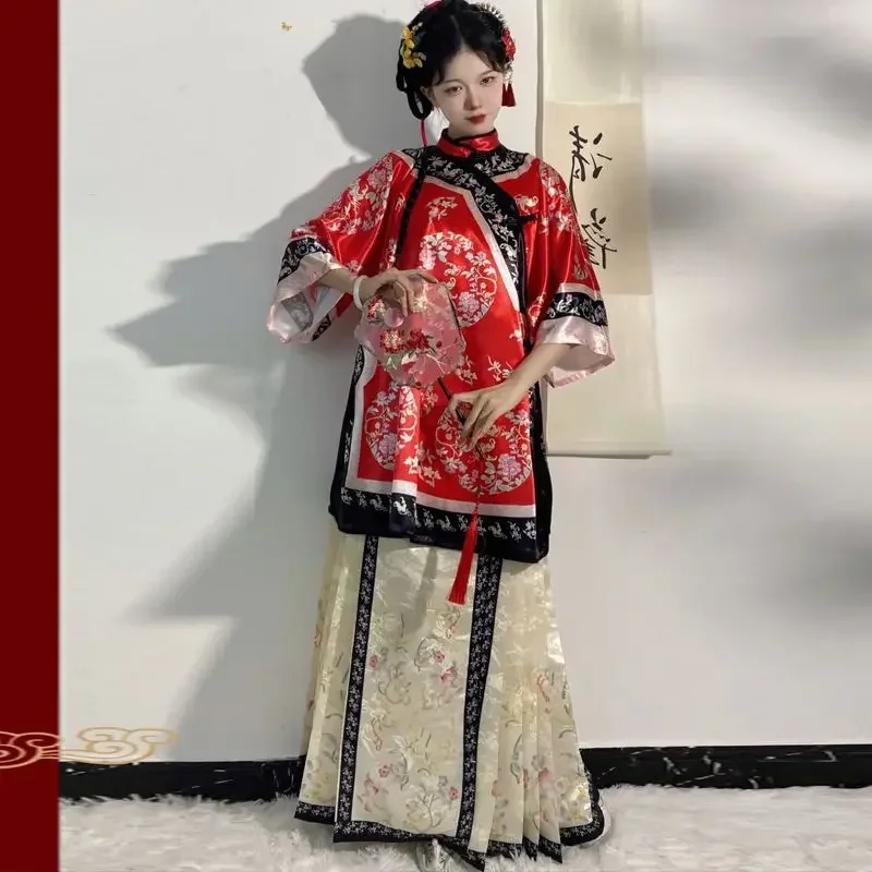 Mulheres tradicionais chinesas qipao ciano gola alta manga comprida topo bege impresso cavalo enfrentado saia antiga hanfu roupas