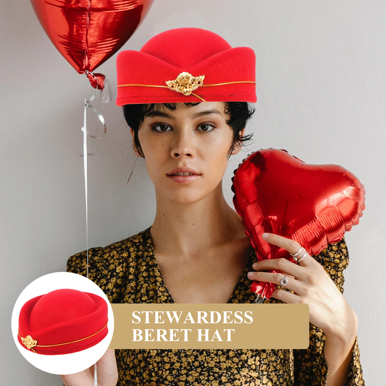 

Woolen Flight Attendant Beret Hat Stewardess Cap with Red for Cosplay Party Fashion Show Tea Party Easter Church