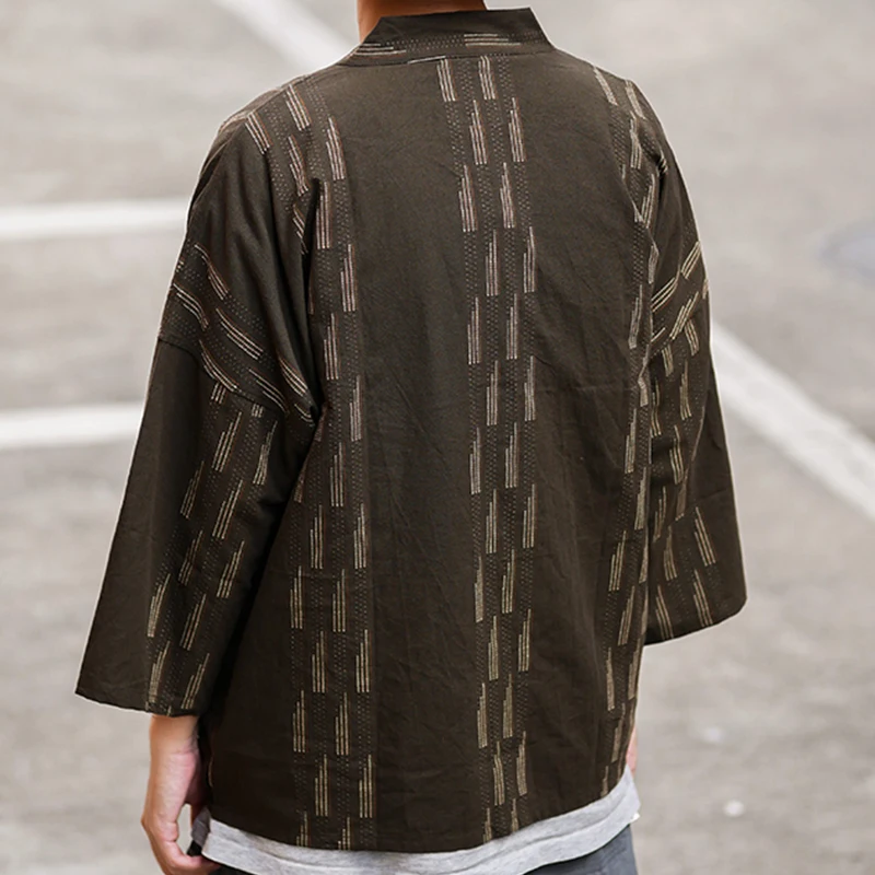 Stripe Pattern Men Cotton & Linen Thin Kimono Jacket Vintage 2023 Spring Summer Three Quarter Sleeves Japanese Haori