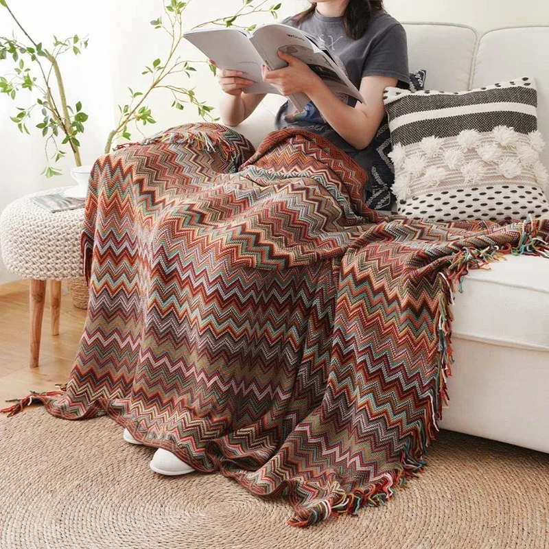 Textured Boho Knitted Throw Blankets with Tassels Chunky Cozy Jacquard Lightweight Blankets Farmhouse Gift Plaids for Travel