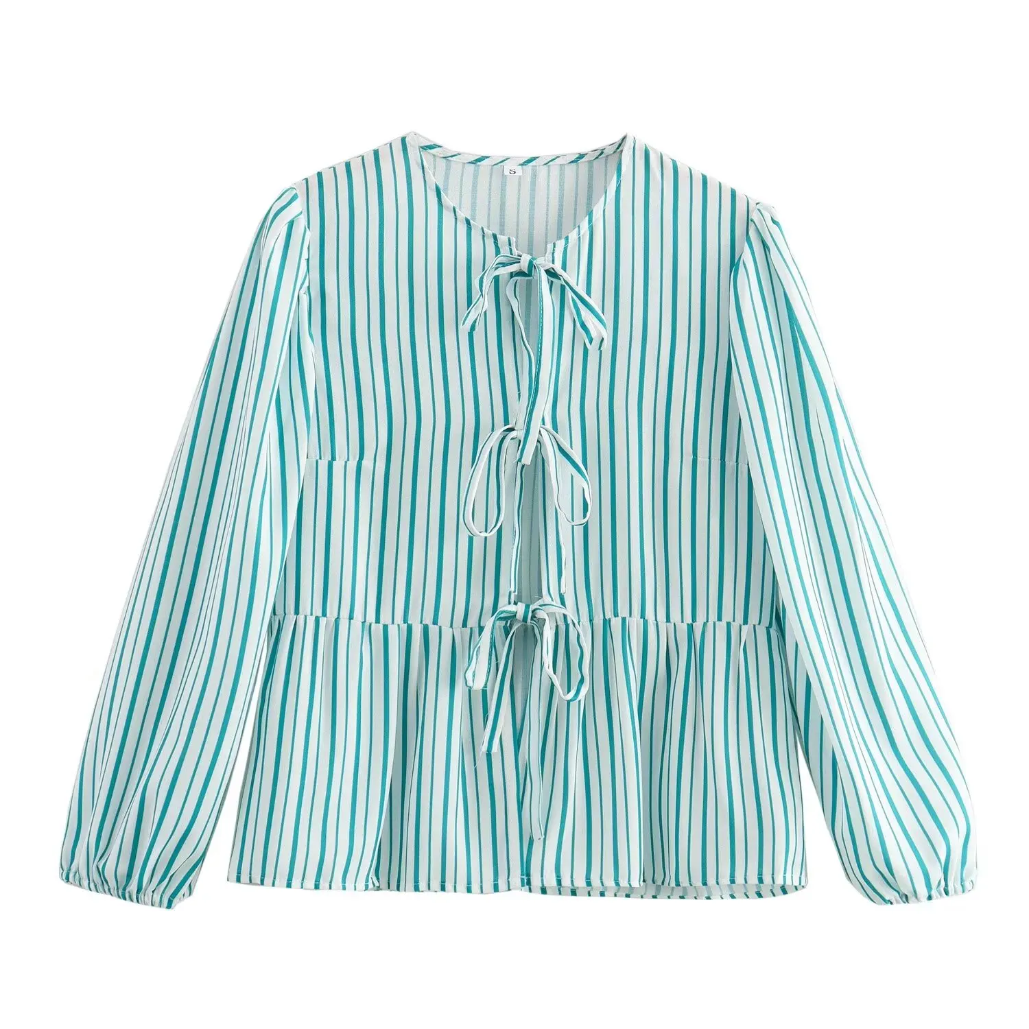 TRAF Striped Shirt Women Tops Bow Tied Pleats Fashion O-Neck Long Sleeved Blouses Summer Sweet Plaid Tops