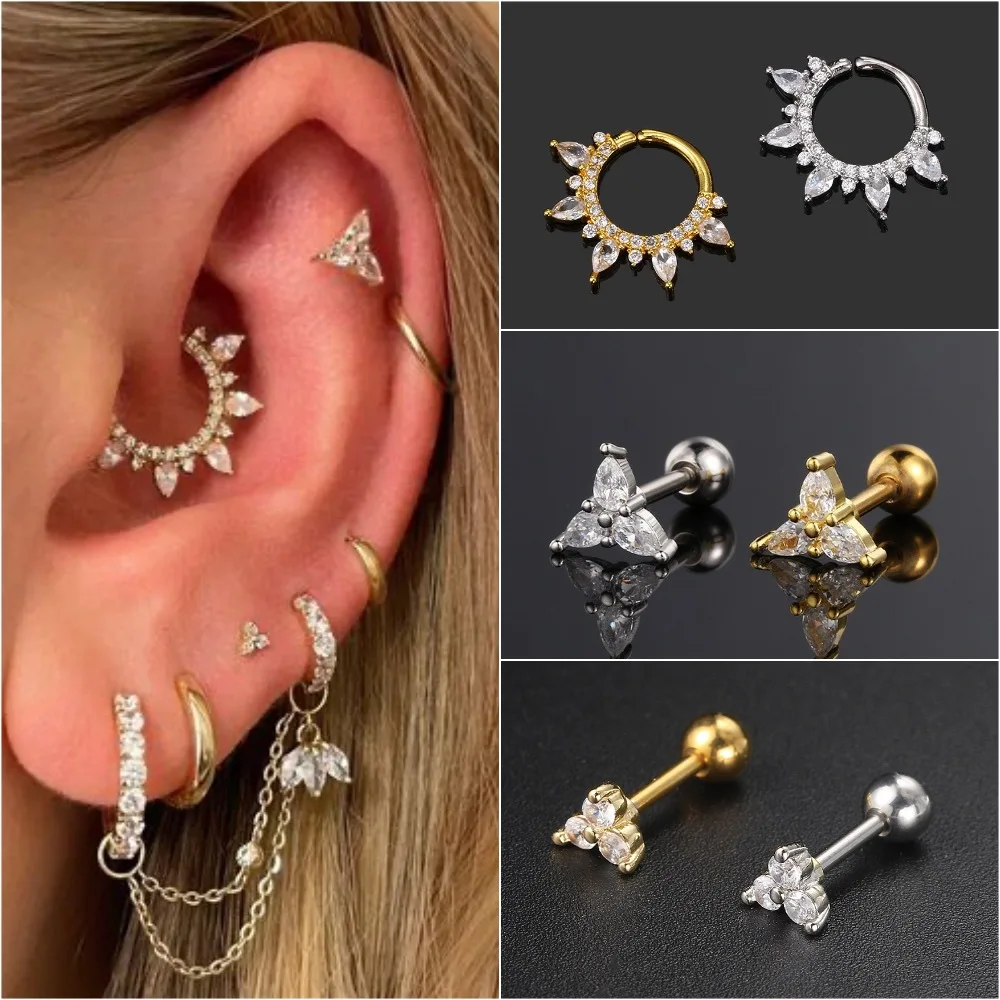 2024 Stainless Steel Women Girl Youth Ears Studs ZirconTragus Cartilage Daith Septum Ring Piercing Earrings Helix Y2K Jewelry