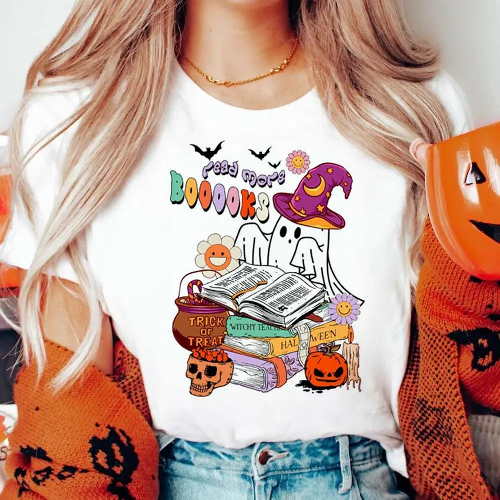 Read More Books Halloween Spooky Teacher Ghost Printed T-Shirt Clothing Printed Pattern Cartoon Women\'s Leisure Halloween T-Shir