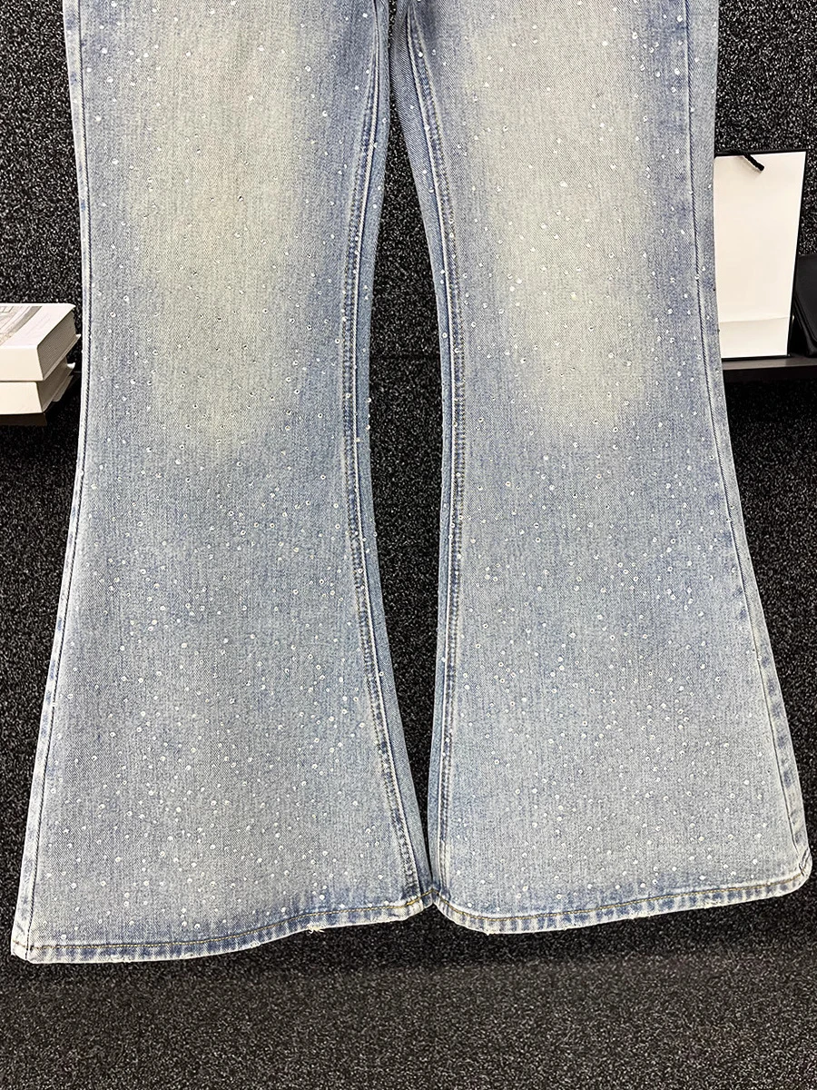 Men's 2025 Spring New High-end Full-body Hot Diamond Chic Jeans Men's Fashion Loose Versatile Wide-leg Flared Pants Casual Pants