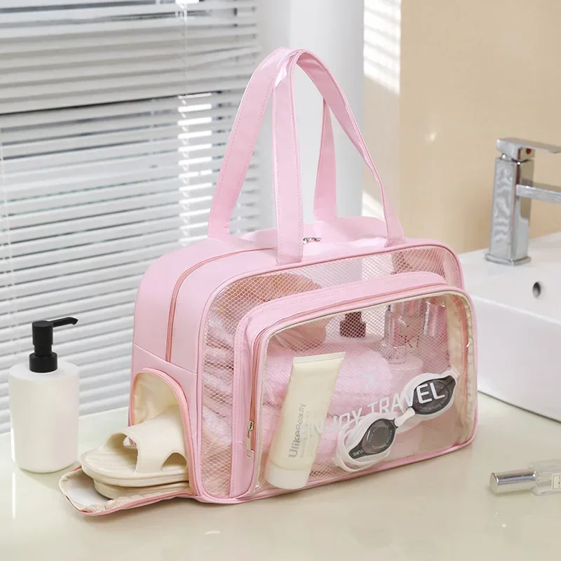 New Transparent Travel Storage Bag Dry Wet Separation Fitness Toiletry Bag Large Capacity Waterproof PU Portable