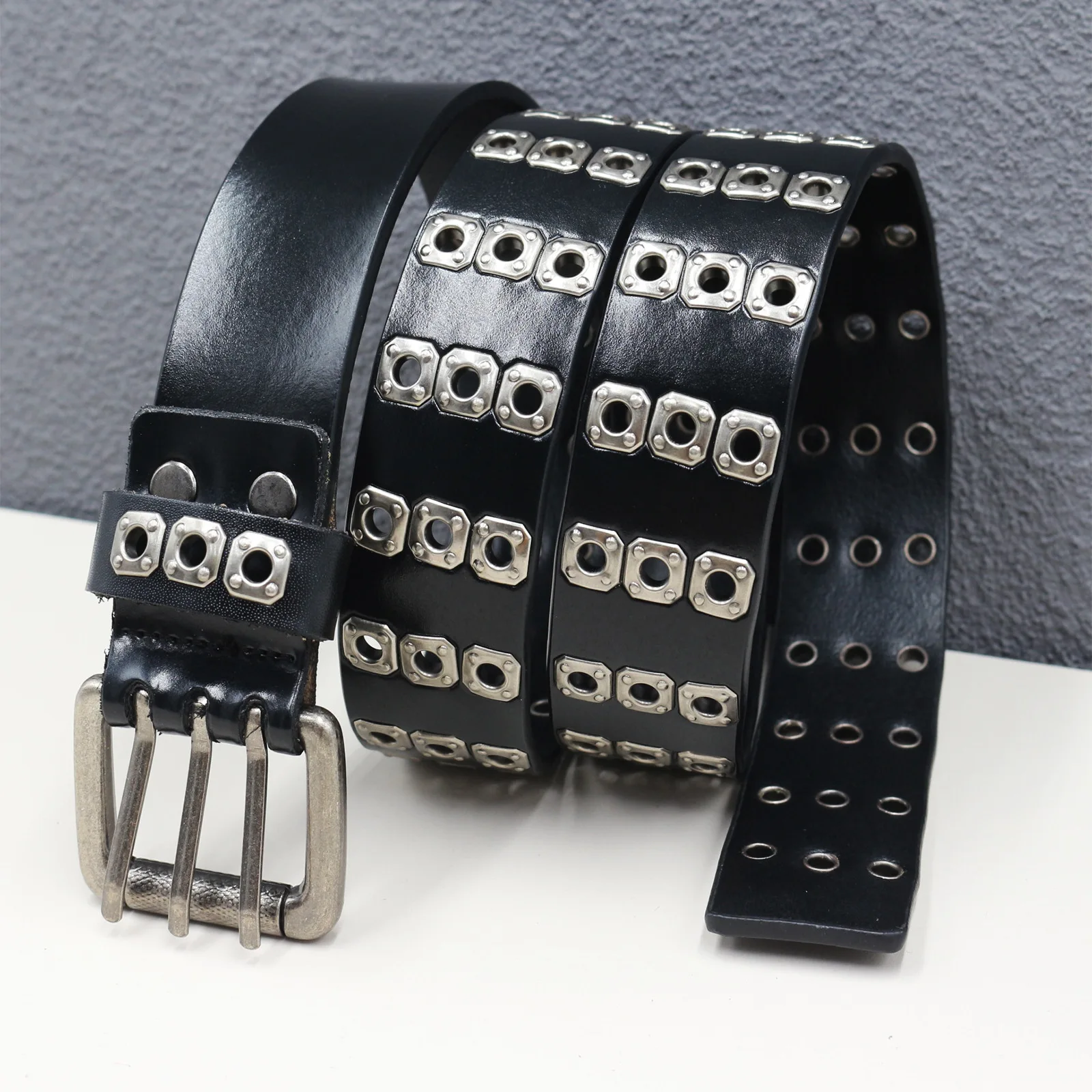 3.8cm European and American Neutral Trend Three Hole Needle Buckle Hollow Rivet Belt Men's Punk Style Versatile Denim Strap Belt