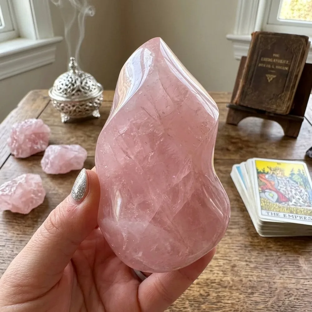 Natural Rose Quartz Flame Crystal Torch, Handmade Pink Stone Sculpture for Spiritual Healing, Home Decoration Gift