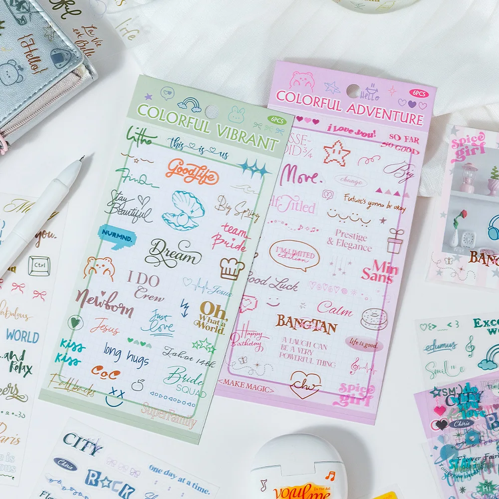 

6pcs/set Retro Vintage English PET Stickers Transparent Decals for Journaling Scrapbooking Aesthetic DIY Planner Diary Decor