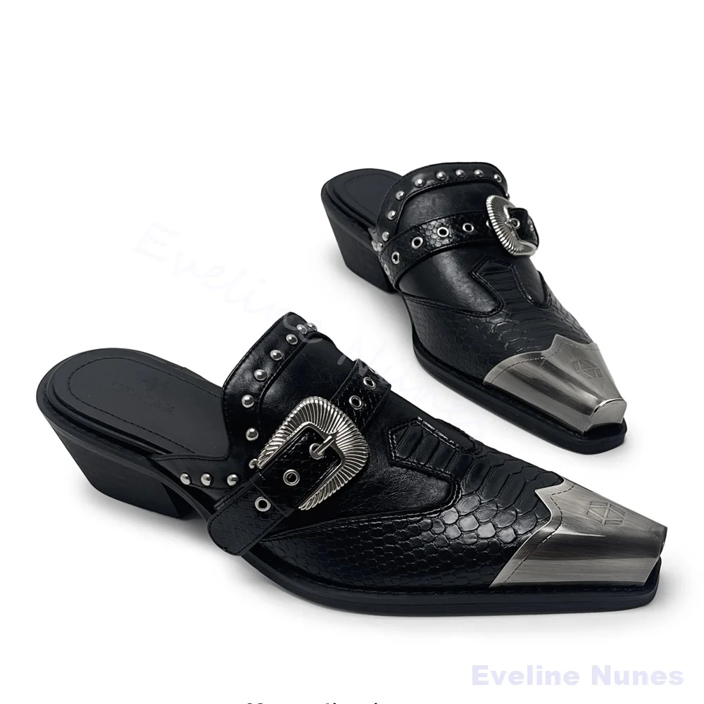 Black Snake-print Western Mule Slides Unisex Metal Pointed Toe Rivet Decor Punk Shoes Gothic Y2K Street Vintage Fashion Punps