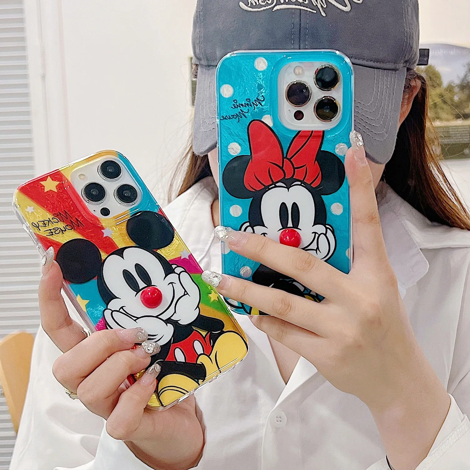 Cool Kleurrijke Mickey Minnie Mouse Telefoonhoesje Voor Iphone 16 15 14 Plus 13 11 Pro Max X Xs Xr 8 7 Veren Textuur Harde Hoes