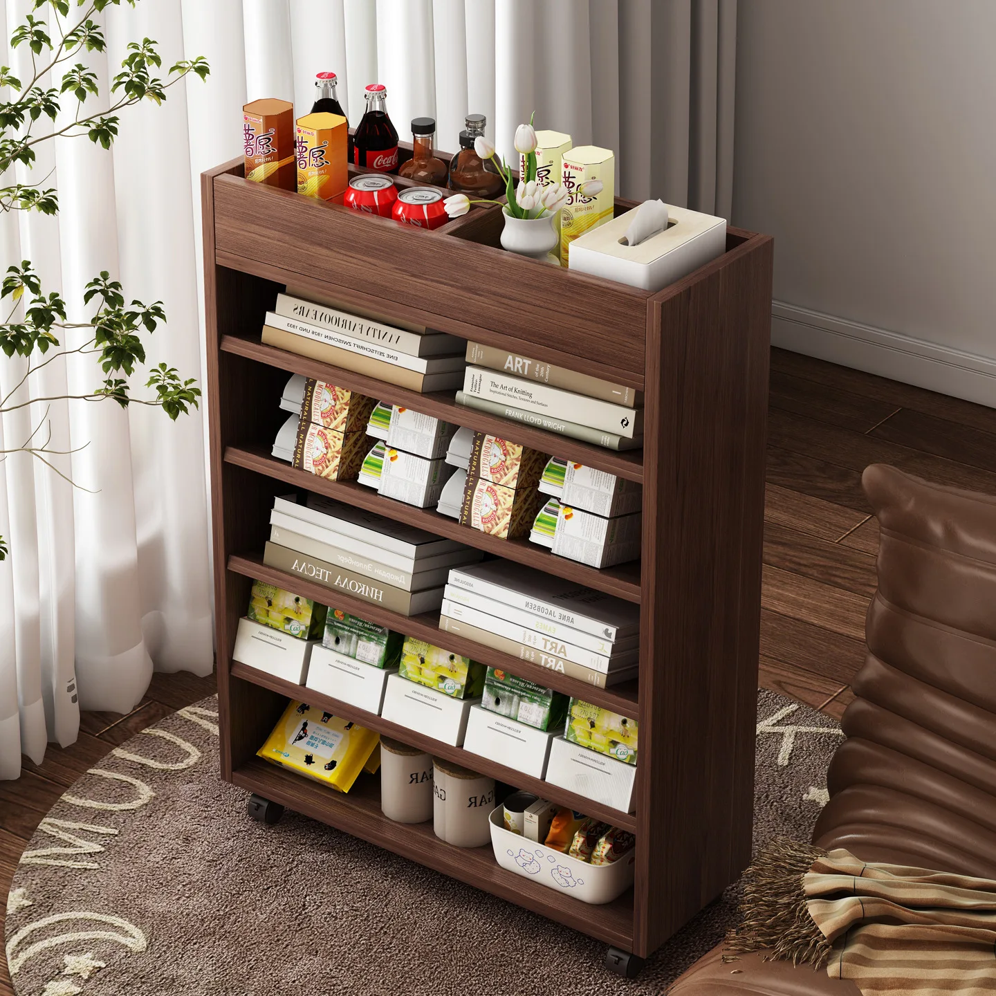 Solid wood shelf, small cart, movable bookshelf, living room, sofa side table, book snack storage shelf, side cabinet