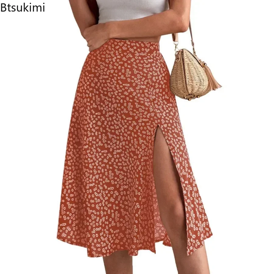 New Women's Floral Print Skirt Comfort Mid Waist Casual Daily All-match Maxi Skirts Split Hem Design A-line Wrap Hip Skirt Femme