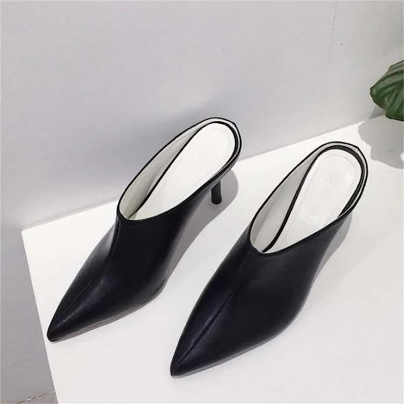 

PU Leather Shoes for Ladies Pointed Toes Thin High Heels Sewing Lines Female Pumps Solid Womens' Mules Tacones Zapatos Mujer