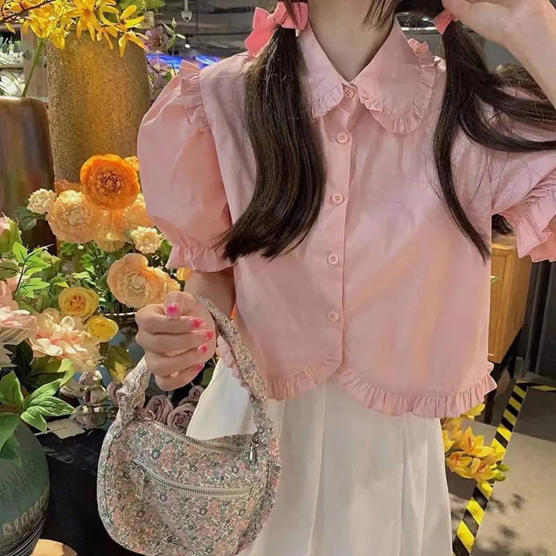 White Peter Pan Collar Shirt Women Korean Fashion Preppy Style Cute Pink Crop Tops Summer Sweet Ruffles Puff Sleeve Jk Blouse