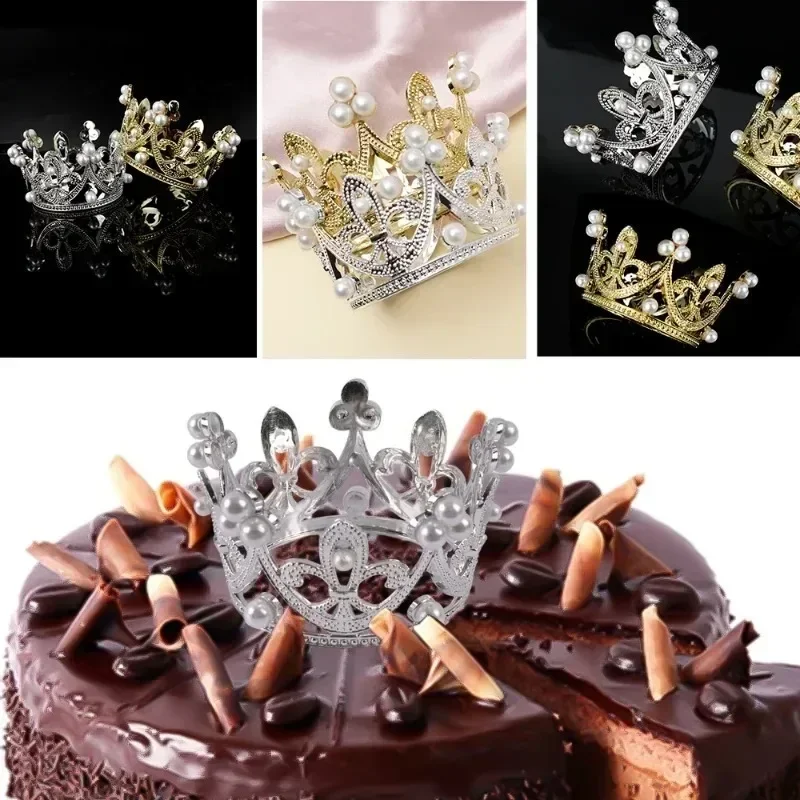 30/1Pcs Mini Crown Cake Decoration Gold Silver Pearl Tiara Crowns for Children Hair Ornaments DIY Cake Topper Wedding Decoration