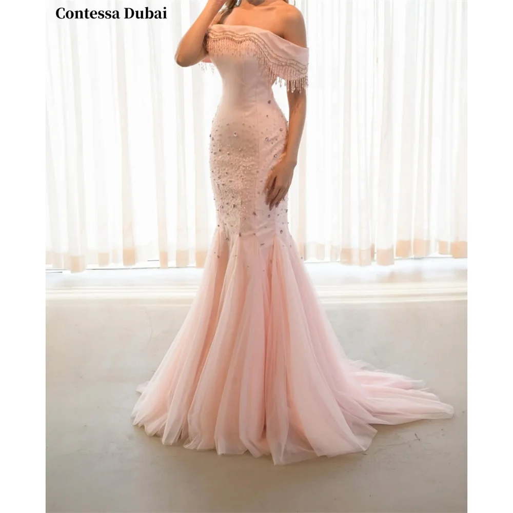 Contessa Custom Blush Pink Trim Evening Dress Beaded Tulle Prom Dresses Mermaid Vestidos De Noche Sweep Train Formal Evening