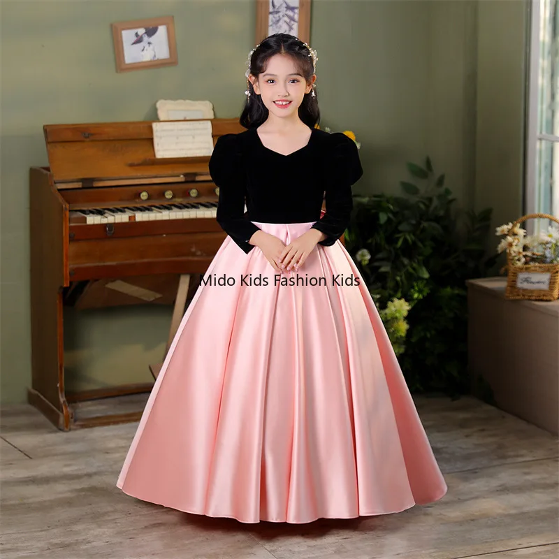 Girls' Party Dress with Puff Sleeves  Arrival Satin Minimalist Birthday Princess Gown Piano Hostess Stage Performance Costume