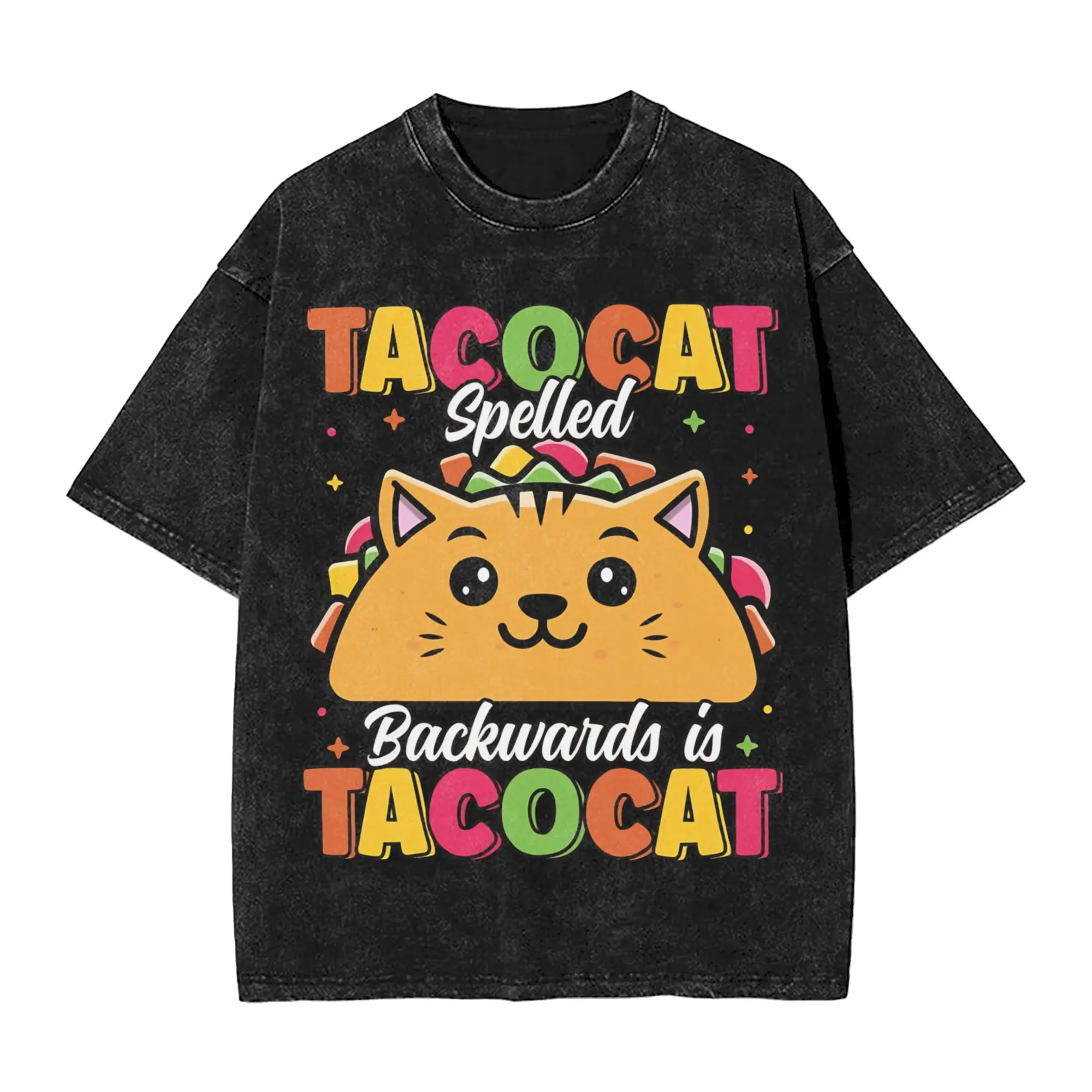 Washed T Shirt Kawaii Taco Cat Hip Hop Fashion T-Shirt Harajuku Mexican Cinco De Mayo Streetwear Summer Tops Tees for Men Women