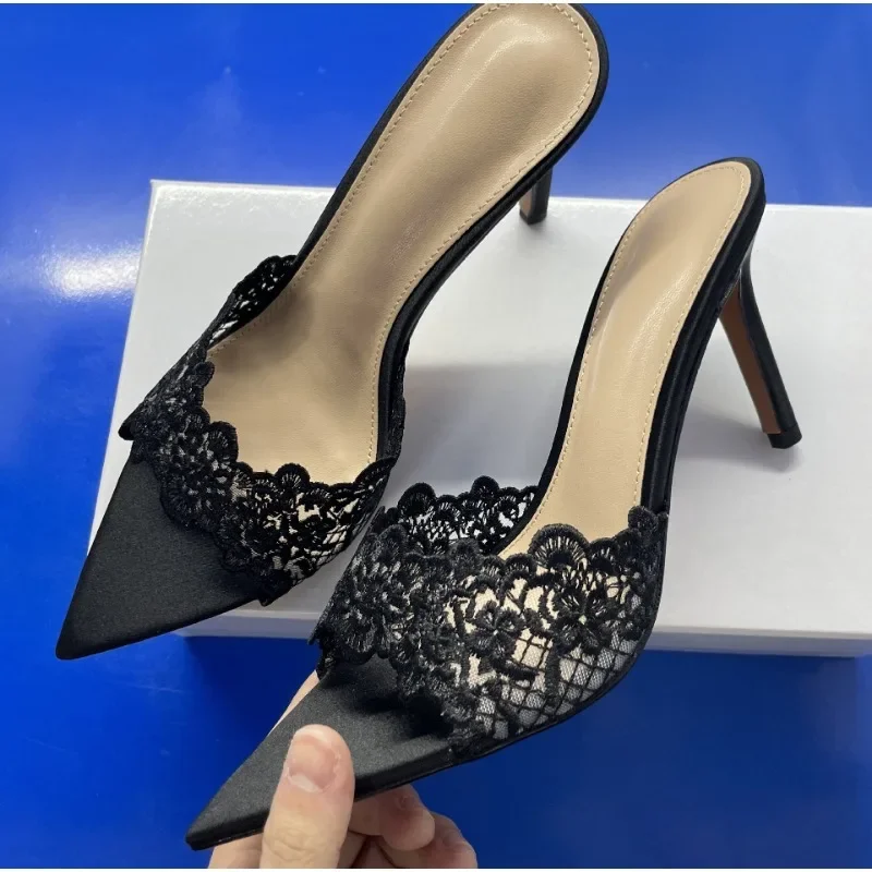 

New Summer Women's High-heeled Sandals, Sexy and Comfortable Lace Embroidered Shoes, Mules, Banquet Shoes