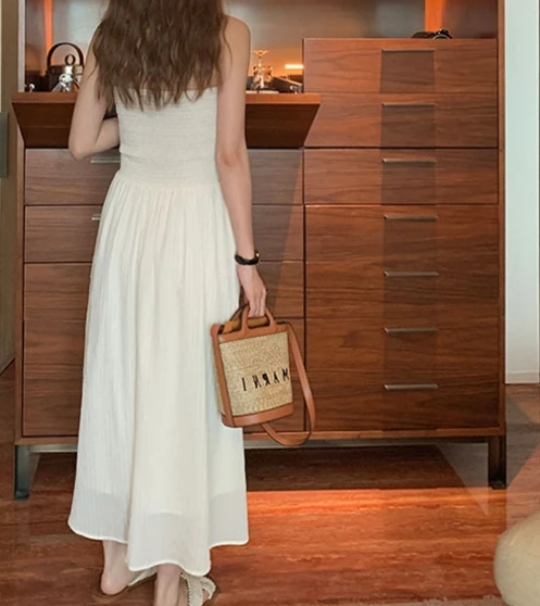 Summer Dress Woman 2025 Fairy Style Slim Fit Strapless A-Line Dress Elegant Solid Color Temperament Strapless Sheer French Dress