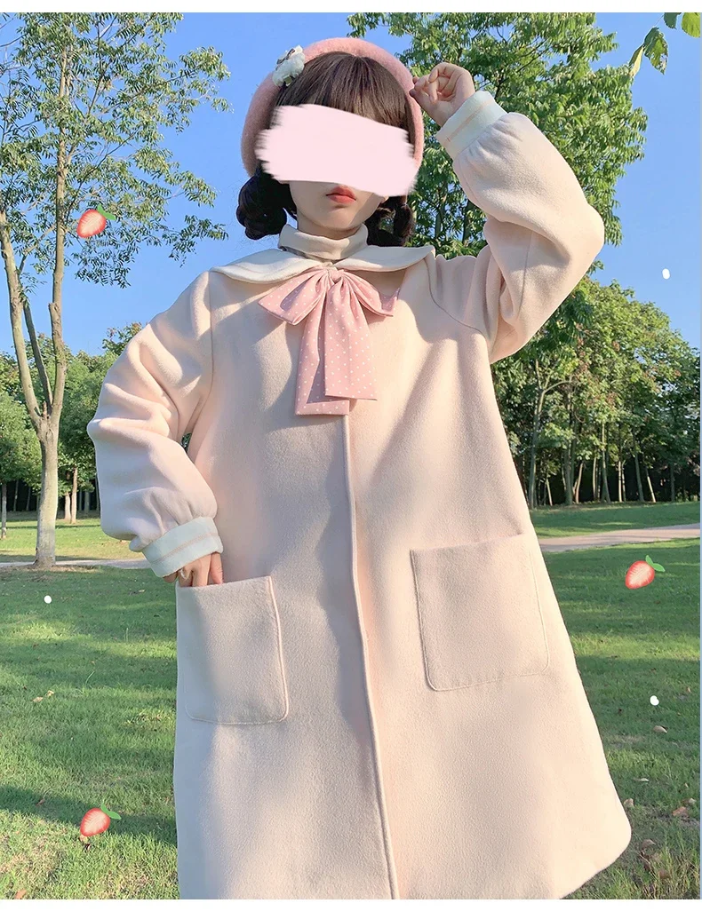 Japanese Style Pink Overcoat Womens Autumn and Winter New Cute Sweet Girls Doll Collar Bow Long A-Line Woolen Jackets Coats