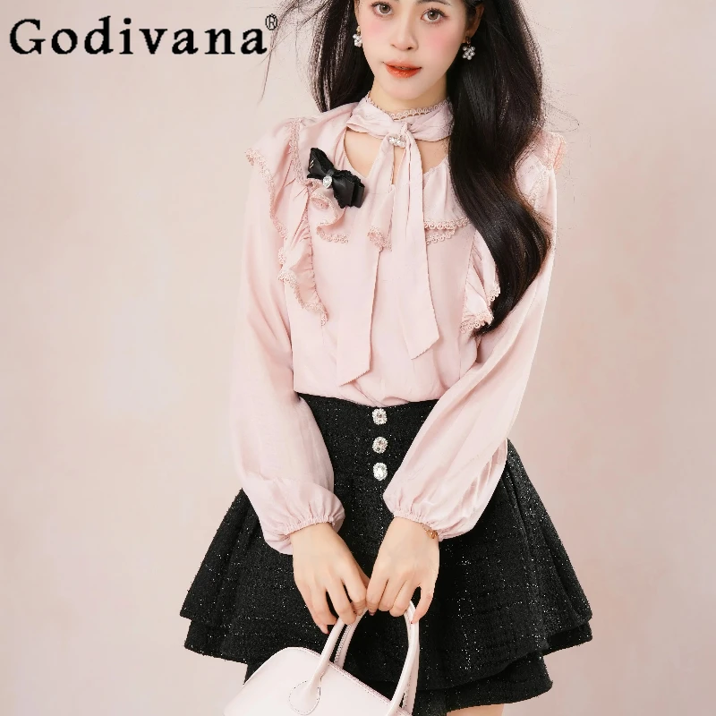 واضح الحلو الوردي لوليتا ملابس النساء تكدرت بلوزة شيفون أعلى الأسود تنورة عالية الخصر مجموعة الإناث الدعاوى النمط الياباني #3