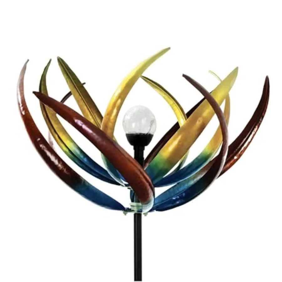 

Tulip Wind Spinners Outdoor Solar Lighted Metal Wind Spinner Large Kinetic Garden Sculptures Crackle Glass Light Multi-Colored