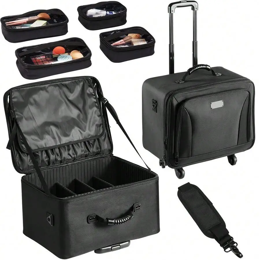Makeup Train Case Large Storage Box 3-6 Layers, Easy To Carry, With 360° Rotating Wheels And Adjustable Trolley Or Without Wheel