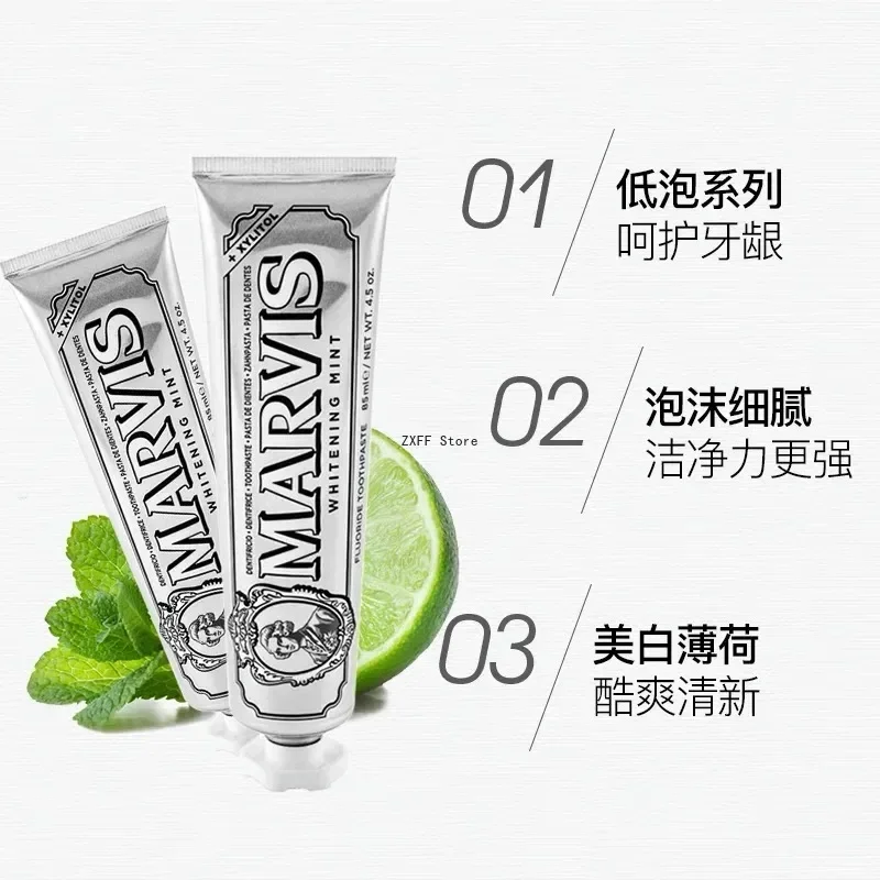 85ml Italy Original Marvis Whitening Mint Freshen Breath and Remove Smoke Stains Toothpaste