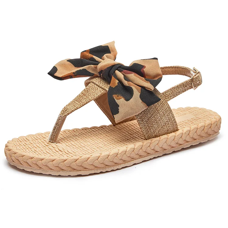Sandals Straps Comfort Shoes for Women Summer Heels Large Size Flip Flops Platform  Leopard Low 2024 Girls Big Bow Handmade Corr image 5