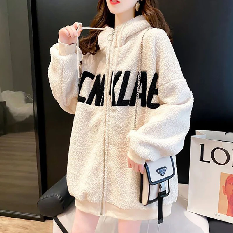 Fashion Zipper Casual Letter Hoodies Sweatshirts Female Clothing 2024 Autumn Winter New Loose Korean Tops All-match Sweatshirts