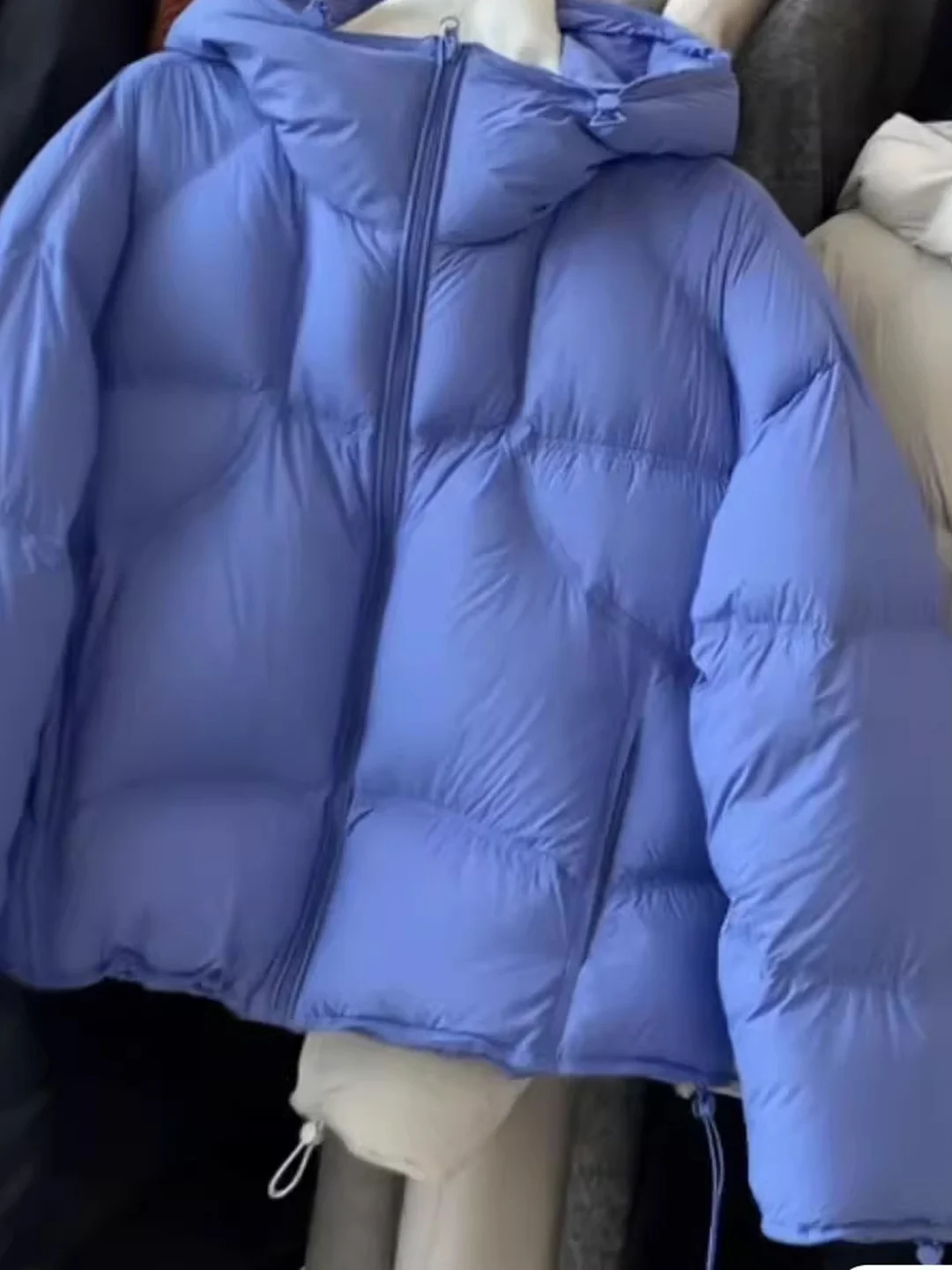 

Loose Short Cotton Jacket Women's Puff Turtle Back Bread Design Blue Korean Style Commute Thickened Zipper Pure Color