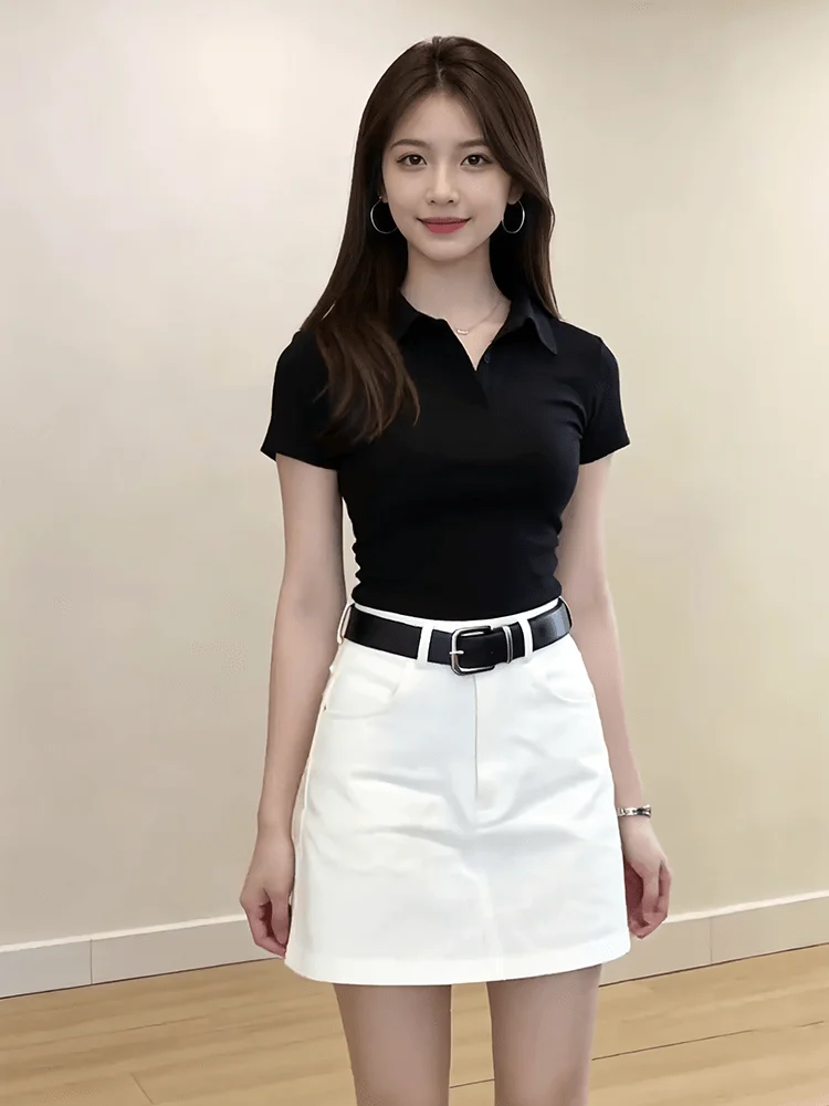 

Fashionable Salt Series Light Maturity Style Women's Summer Short Sleeve Neck T-Shirt A-Line Skirt Two-Piece Set